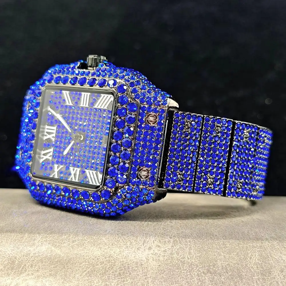 Orologio quadrato di nuova moda per uomo Orologio da polso al quarzo in acciaio inossidabile di lusso Hip Hop Green Diamond Bling Orologi Uomo Dropshipping
