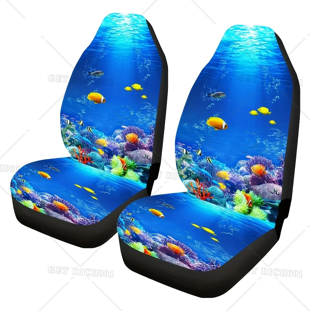 2pcs Set Sea World Print Car Seat Covers Universal Fit Car Seat Covers for Front Seats Only Automotive Bucket Seat Cushion Pad