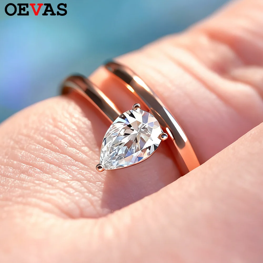 OEVAS 6x8 مللي متر قطرة الماء مويسانيتي خواتم الزفاف للنساء S925 الفضة مطلي 18K الذهب أنيقة الحد الأدنى حفلة غرامة مجوهرات