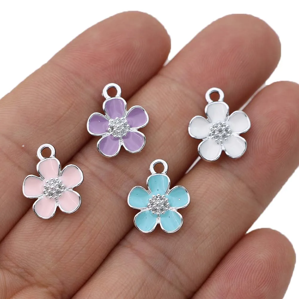 10Pcs Silver Plated Enamel Purple Flower Charms Pendant for Jewelry Making Earrings Bracelet Necklace Accessories DIY Findings