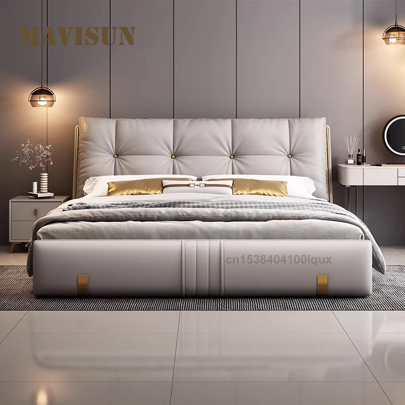 

Modern Light Luxury leather Button - Tufted Upholstered Headboard king size bedroom bed with Gold Accents solid wood double Bed