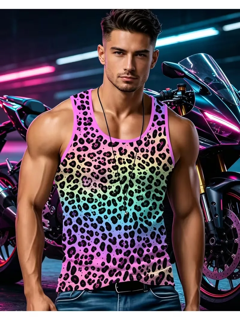 Leopard Print Tank Top Quick Drying Gym Clothing Men Vest Summer Sportswear Undershirt Harajuku