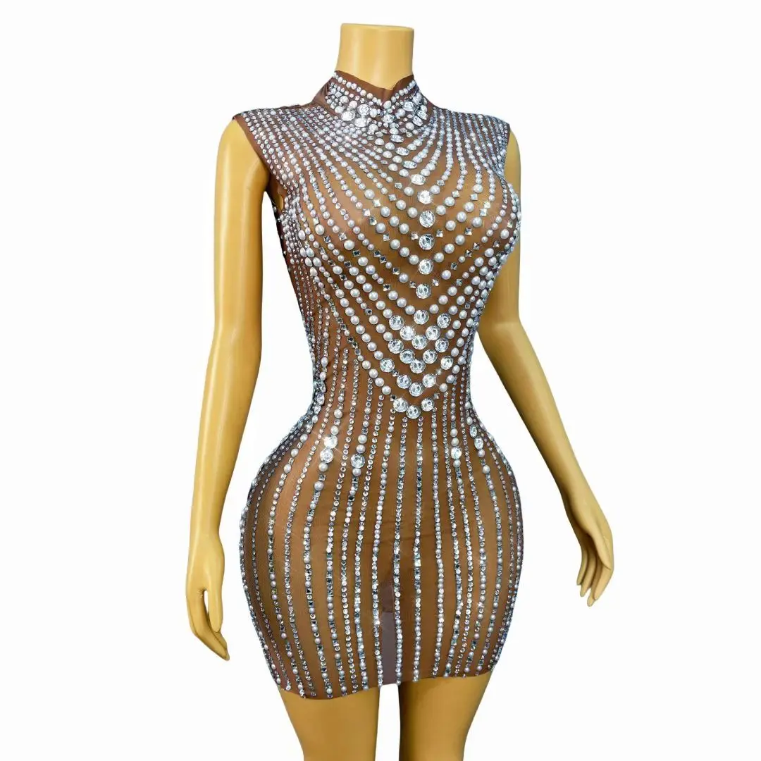 Women Luxury Pearls Rhinestones Brown Mesh Transparent Bodycon Mini Dress Showgirl Stage Costumes Nightbar DJ Gogo Dance Dress