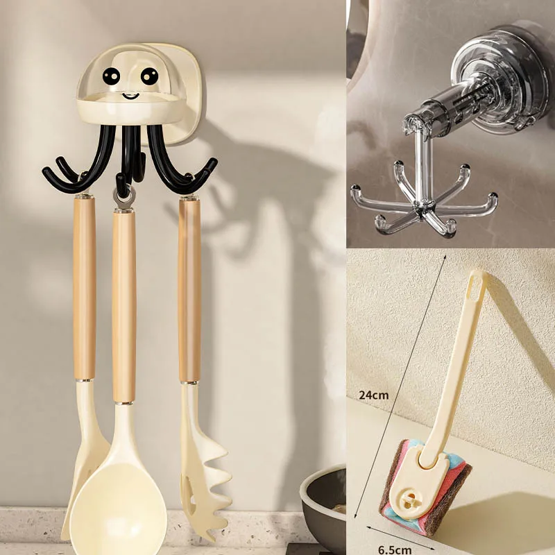 otating Suction Cup Hook & Long Handle Cleaning Brush Set, No Drill Wall Mount Multi-Purpose Storage Rack for Kitchen Bathroom U