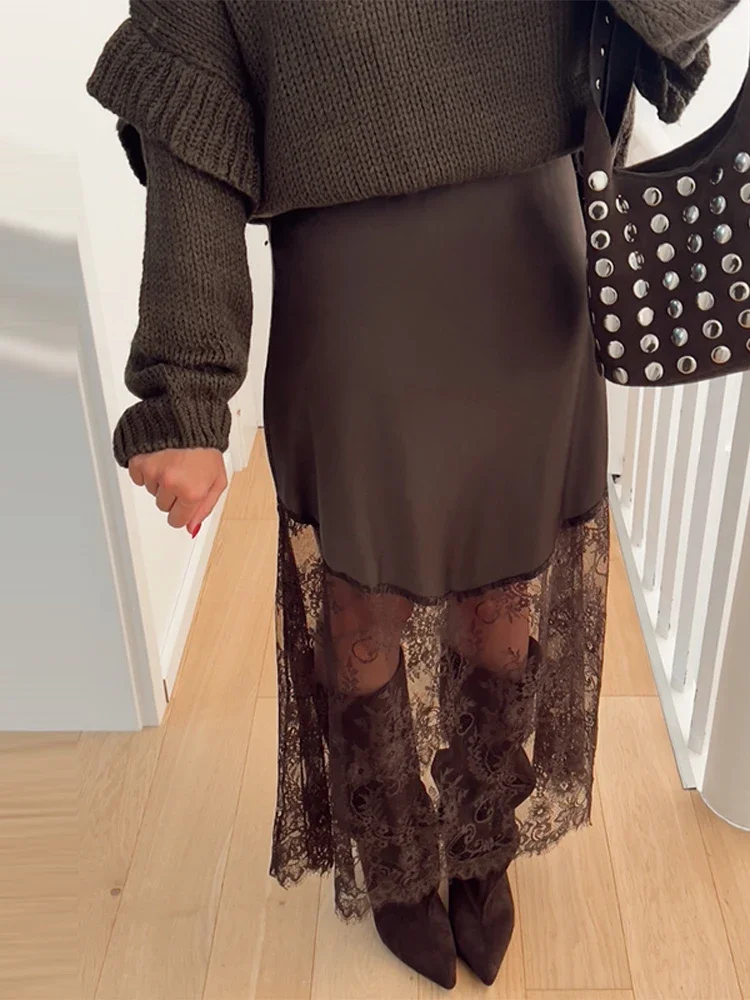 Elegant Lace Patchwork Women's Skirts Zippers See Through Lady Long Skirt 2025 Autumn Fashion Female Robe Party Streetwear