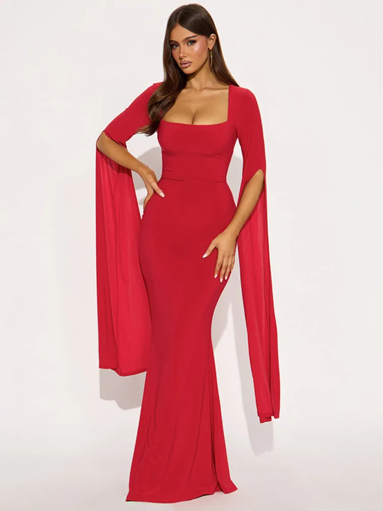 Articat élégant châle ruban longue robe femmes Sexy col carré coupe ajustée Stretch fête Club robe de soirée hiver nouvelles robes