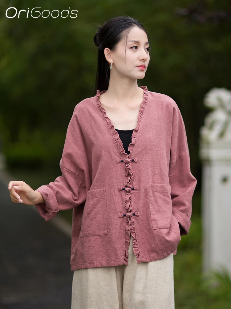 

OriGoods OVERSIZED Blouse Ramie Cotton Long Sleeve Oversized Shirt Woman 2025 Autumn New Batwing Sleeve Vintage Tops B330