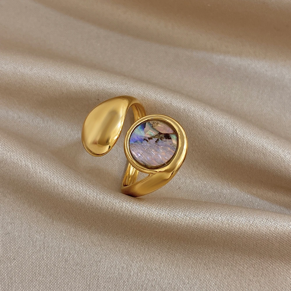 Chic Abalone Shell Geometric Twisted Open Ring for Women Irregular Curved Gold Plated Stainless Steel Finger Rings Party Jewelry - view 5