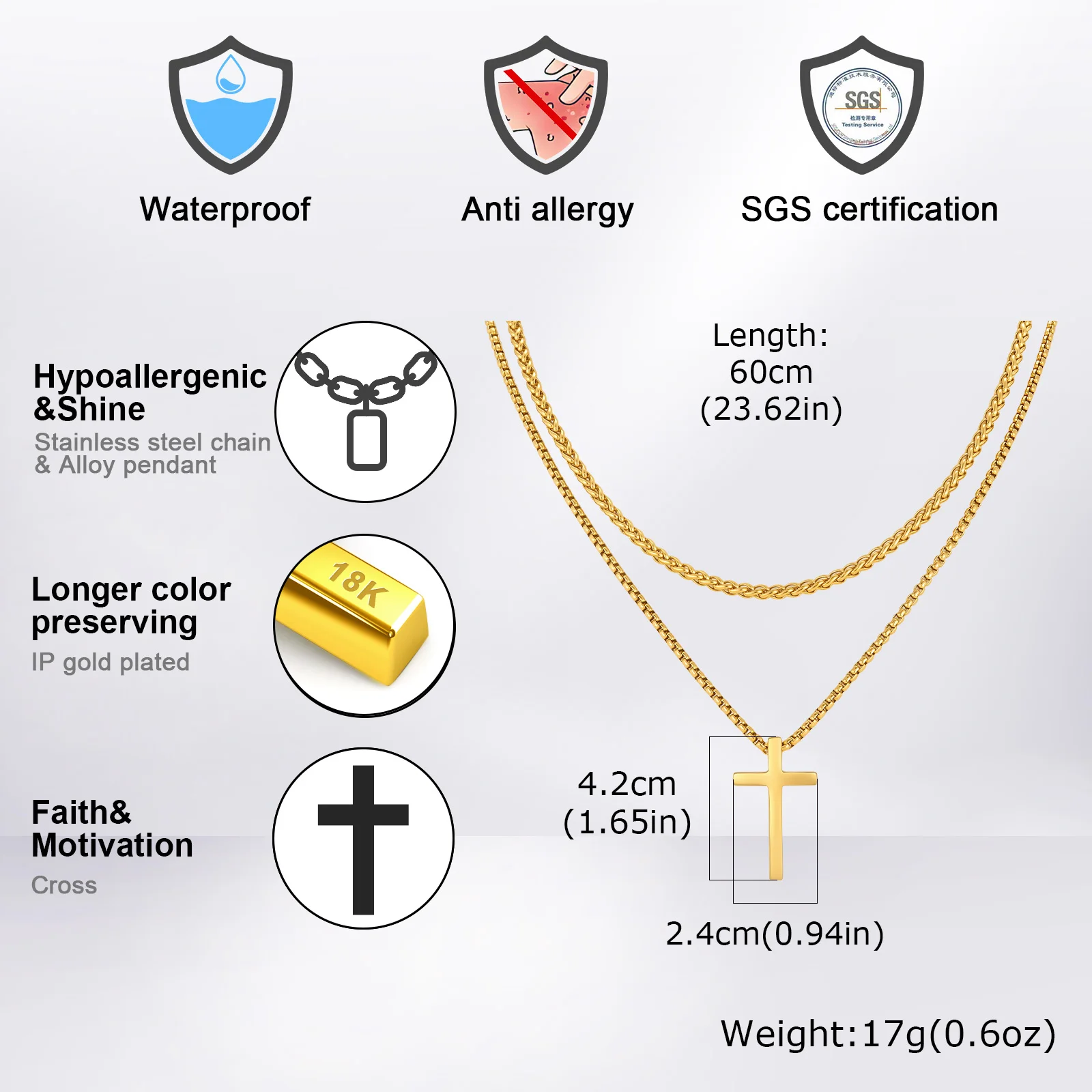 Vnox Mehrschichtige Kreuz-Halskette, Edelstahl-Mehrfachketten-Halsketten mit gedrehtem Panzerketten-Anhänger, Hip-Hop-Schmuck mit religiösem Motiv für Männer. – Detail 18