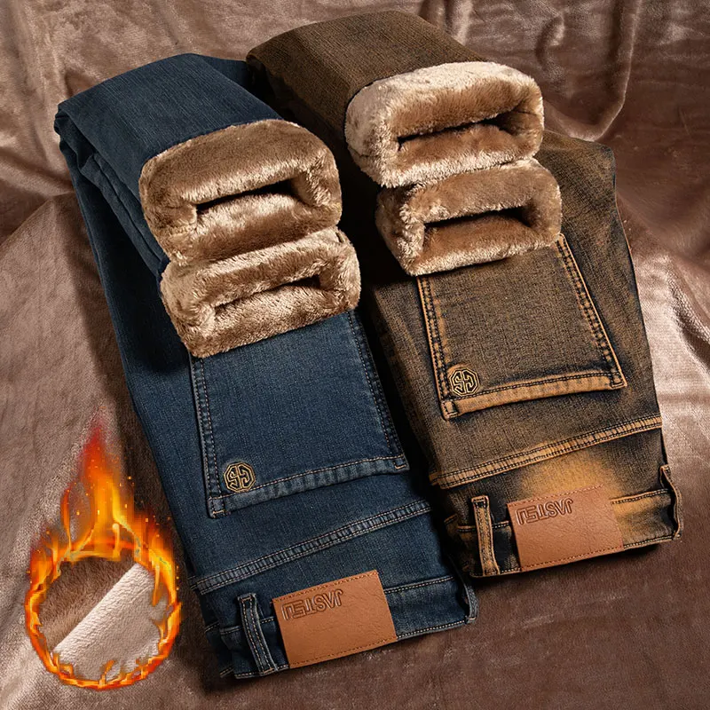 

Winter Fleece Jeans Men's Clothes Thickened Fashion Plush Trousers Brand Business Straight Fitted Warm Stretch Denim Pants