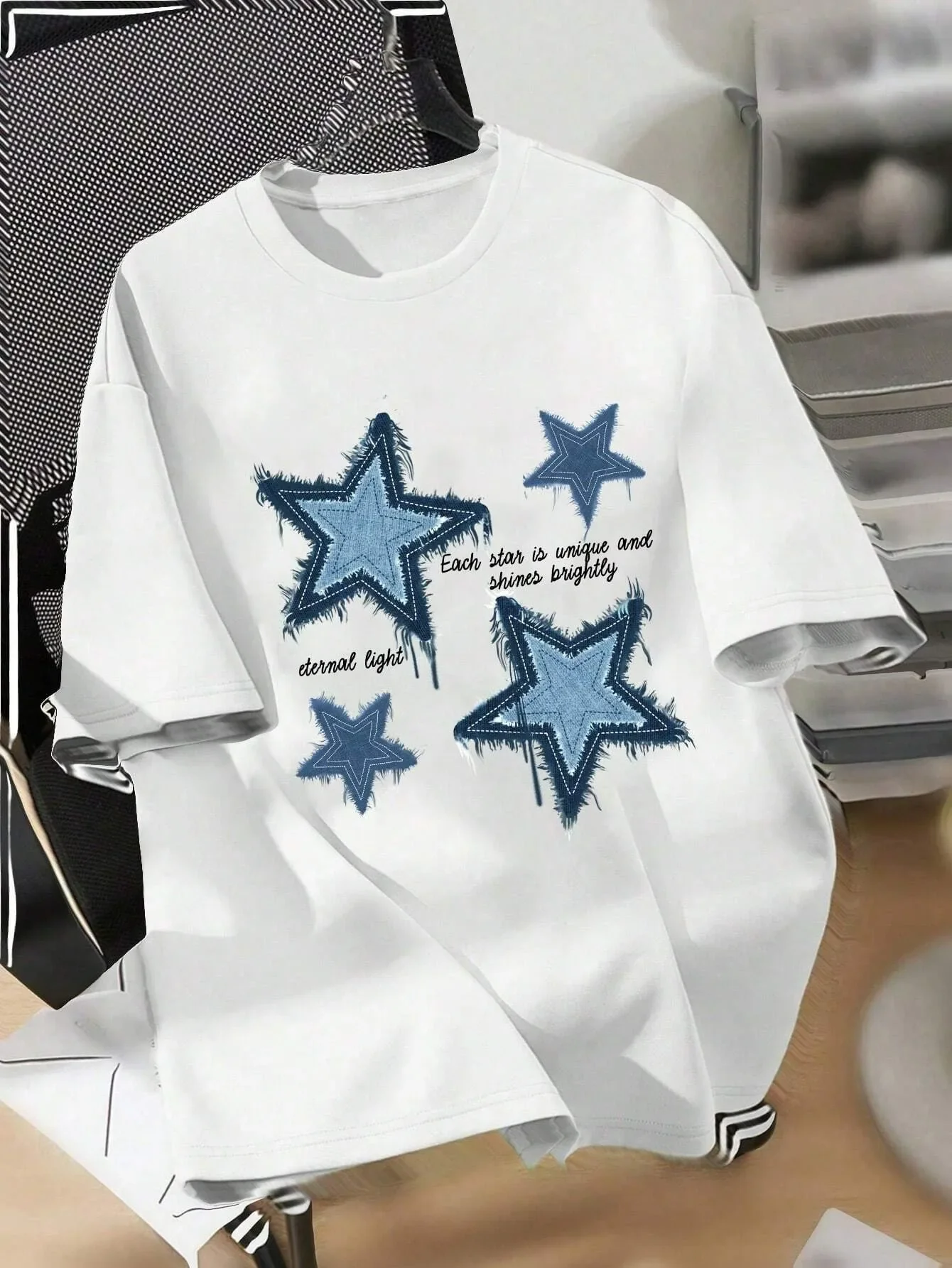 

Fashionable American Ins Five-pointed Star Pattern Cotton T-shirt Summer Round Neck Short-sleeved Women Korean Style Street Top