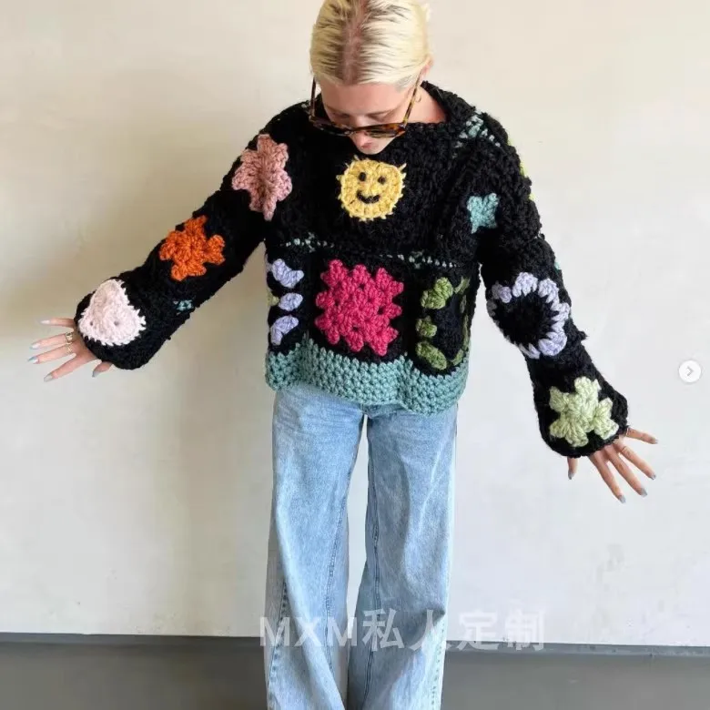 Women\'s Love Smiley Face Crochet Sweater, Patchwork Pattern, Cover Up Sweater, Internet Celebrity, Niche, 2024