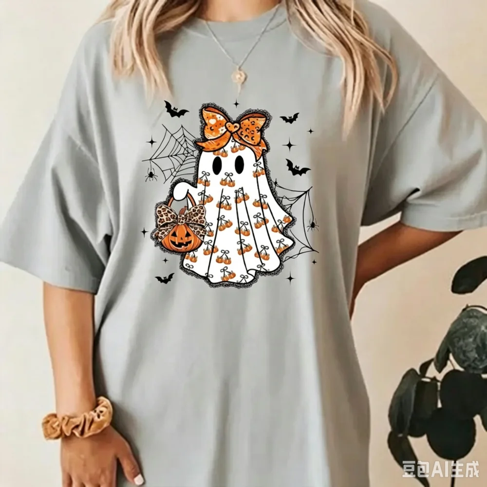 Cute Ghost Halloween Shirt Pumpkin Bow Spooky Season Tee Fall Aesthetic Pumpkin T-Shirt Women Aesthetic Clothes Short-sleeve Tee