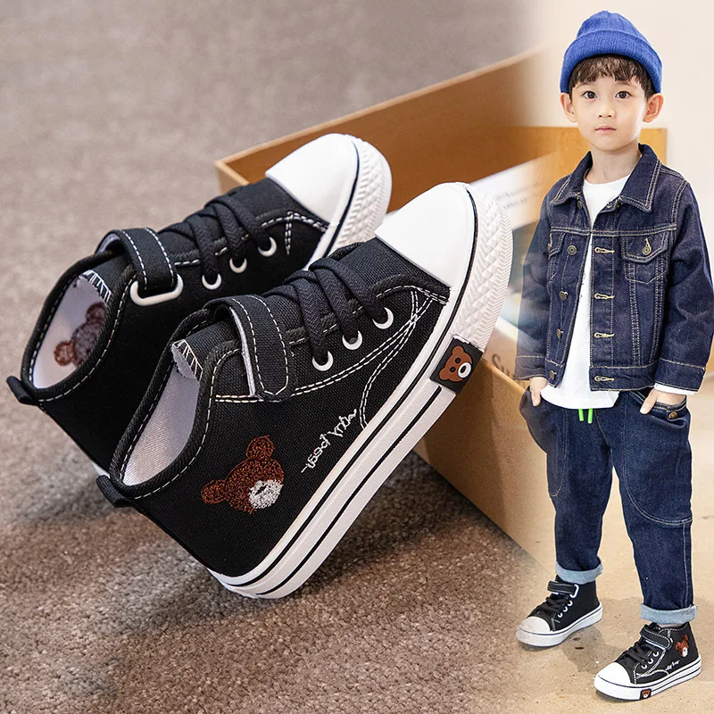 Kids Girls Boys High Top Canvas Shoes Cute Bear Pattern Breathable Casual Shoes Thick-soled Anti Slip Sneakers Kids Student Soft