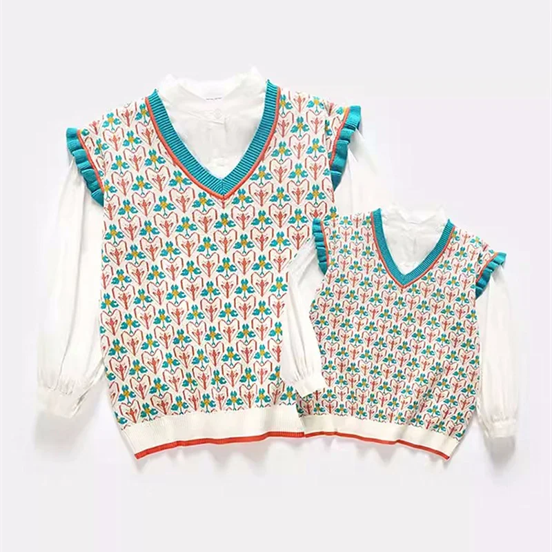 Like Mother Like Daughter Match Knitted Vest Mom and Baby Sweater Mummy and Son Matching Sleeveless Knit Pullovers Girl Knitwear