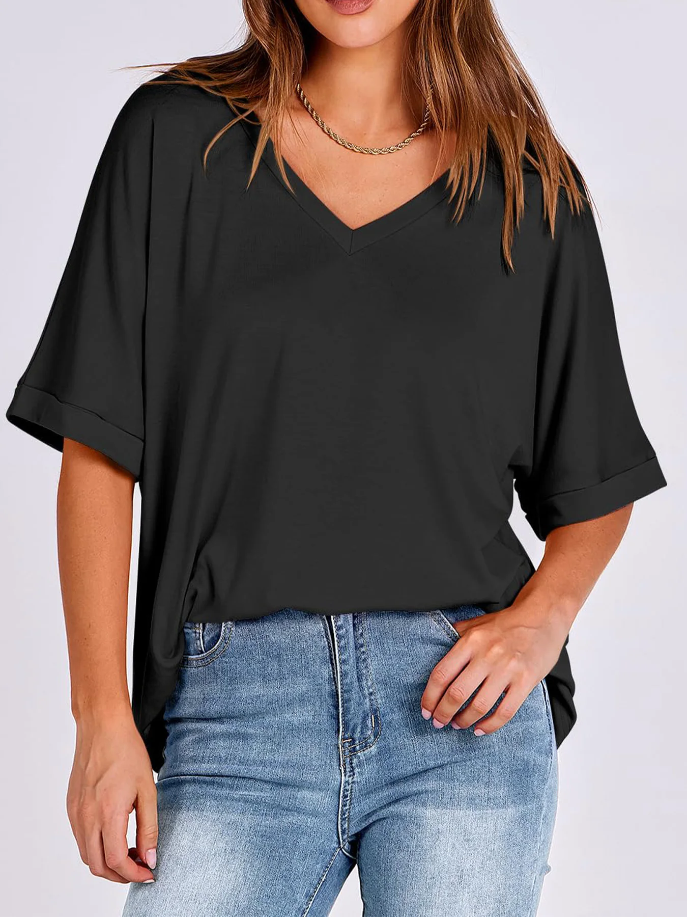 Women's V-Neck Solid Color Casual T-Shirt Short Sleeve Seven-Fifths Sleeve Versatile Comfortable Top