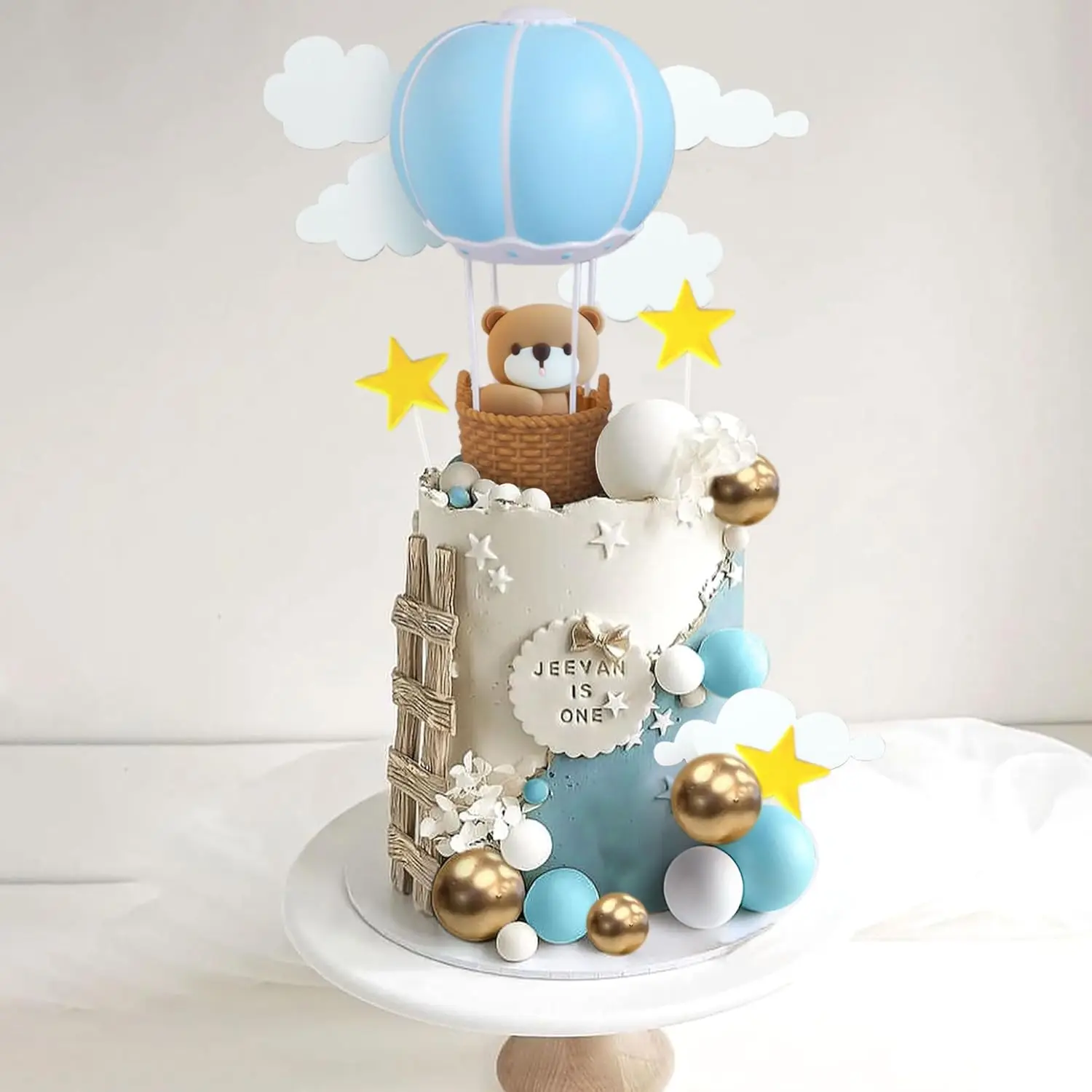 LaVenty Blue Pink Bear Cake Decoration Blue Gold Balls Cake Topper Hot Air Balloons Baby Shower Birthday Cake Decoration - view 3