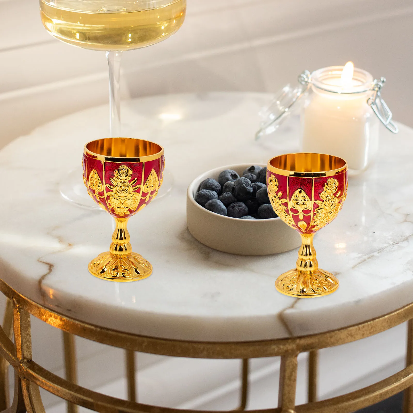 

2pcs High Foot White Glasses Vintage Elegant Alloy Royal Chalice Embossed Cup Sturdy Party Home Decor Gifts Whisky Goblets