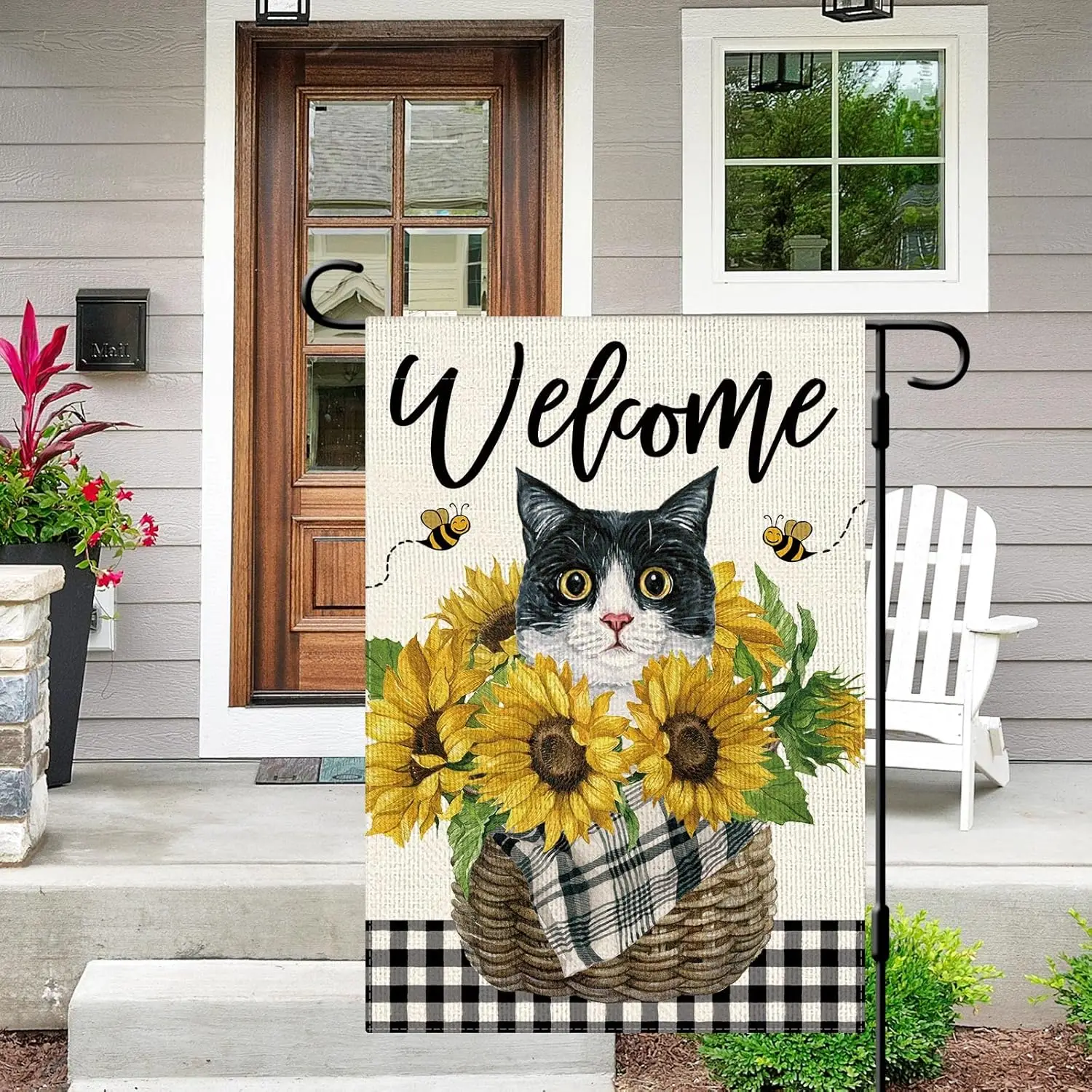 DLZDN Sunflower Cat Garden Flag Tuxedo Cat Garden Flag 12x18 Inch Vertical Double Sided Buffalo Plaid Summer Bee Floral Cat Welc