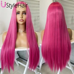 Hot Pink Lace Front Wig Synthetic Long Silky Straight Hair Rose Red Natural Hairline Daily Use Heat Resistant Hair Cosplay Party