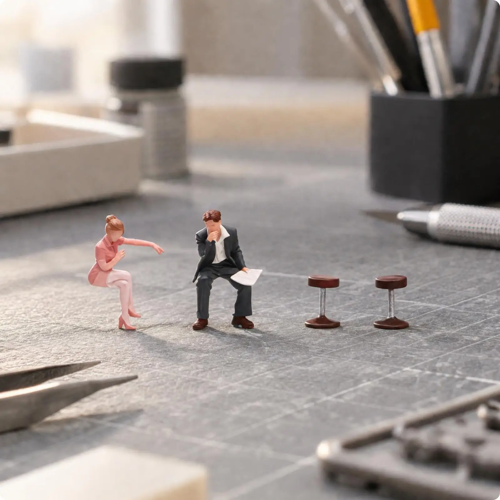 2 Pieces Seated Couple Miniature Set with Stools Realistic Hand-Painted Resin Figure Set 1/64 Scale Diorama Figure Collectible