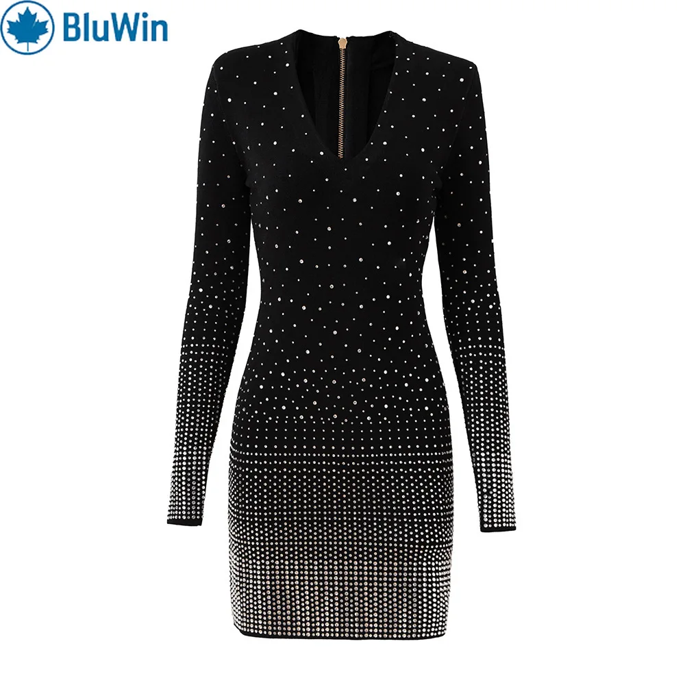 

BluWin Gradient Rhinestone Bodycon Mini Dress Women Long Sleeve V Neck Stretchy Black Party Nightclub