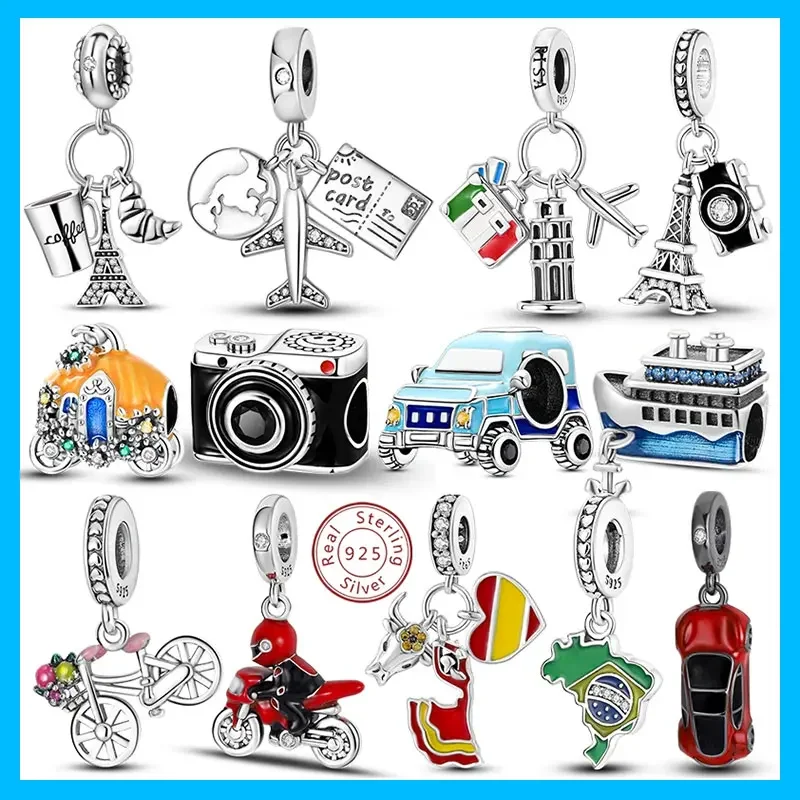 Motorcycle Eiffel Tower Pisa Globe Original Charm Silver Plated Beads Fit Bracelets Bag Keychain Charms DIY Women Gift Accessory