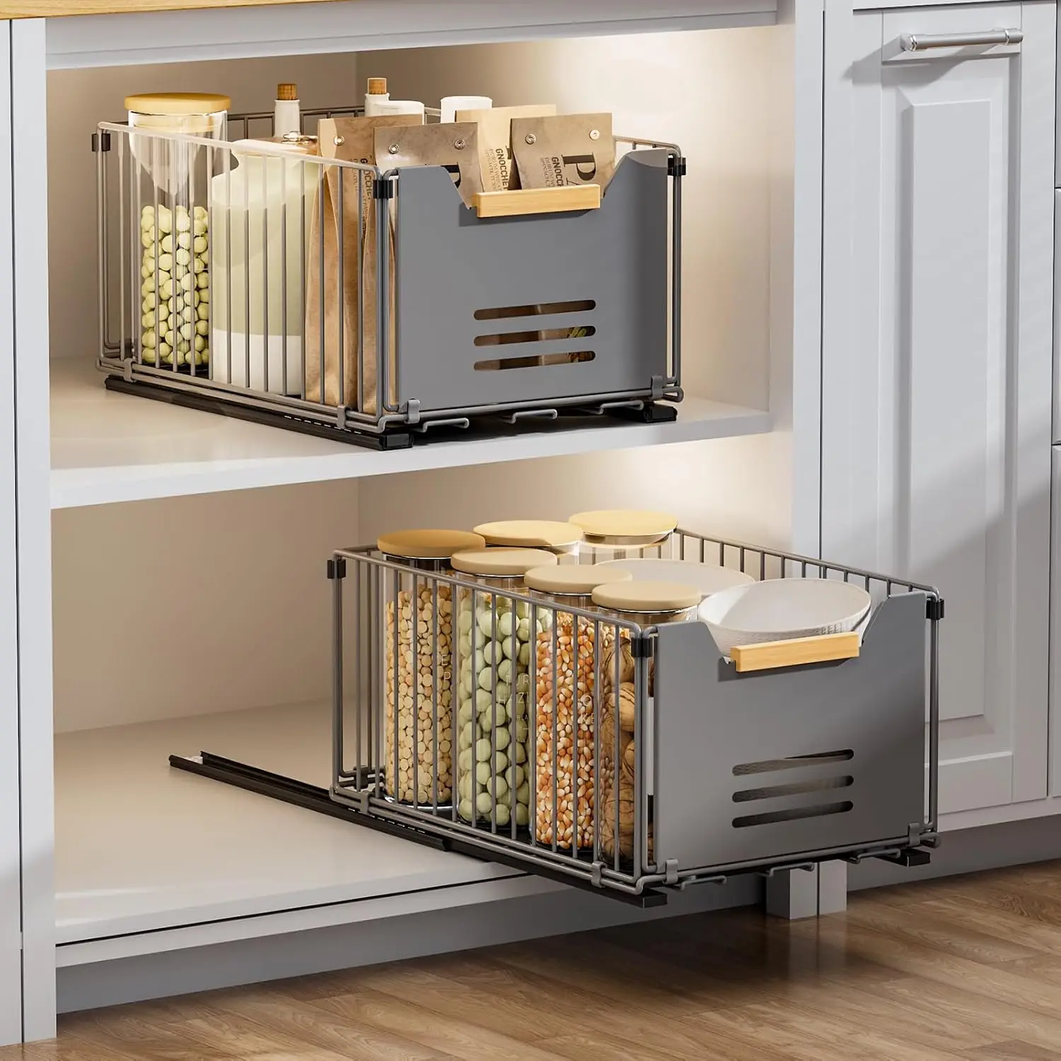 

2 Pack Pull Out Cabinet Organizer, Slide Out Drawers for Cabinets, Peel and Stick, Heavy Duty Shelves for Kitchen, Cupboard,