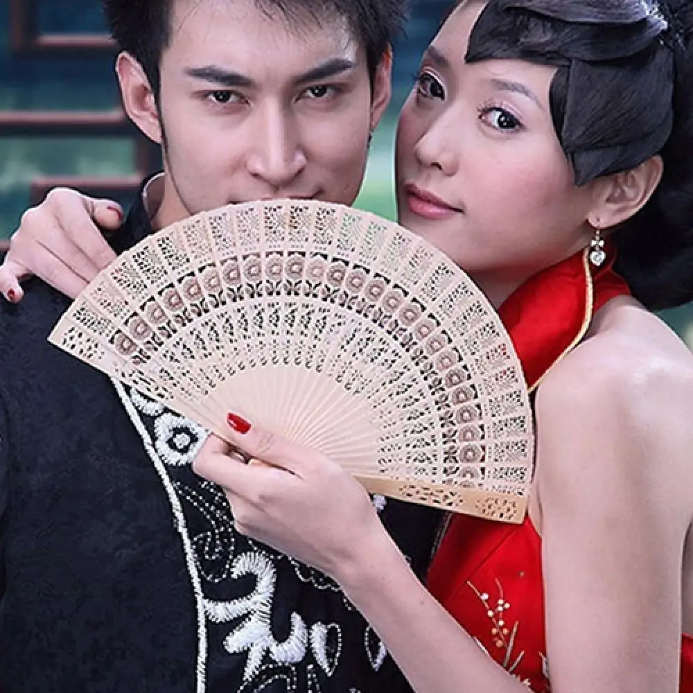 Vintage Hollow Carved Wooden Flower Folding Hand Held Fan Wedding Bridal Decor