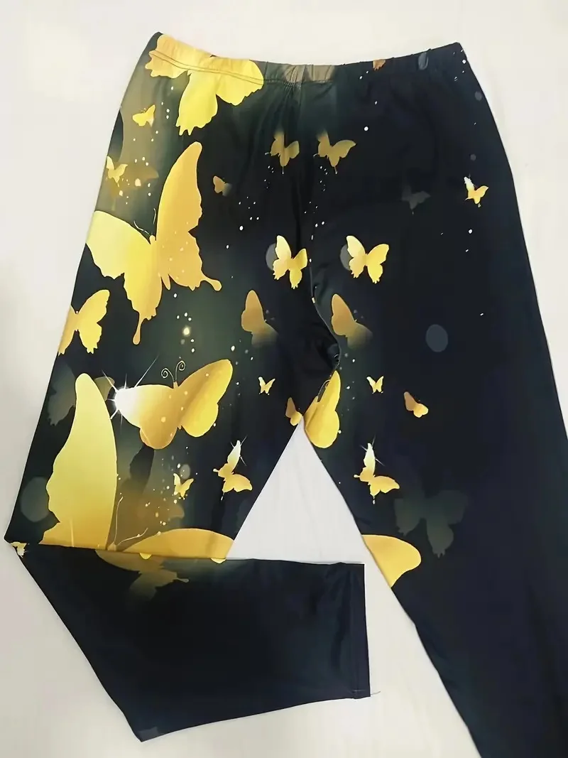 Butterfly print slim-fit elastic waist leggings for women traveling everyday wea