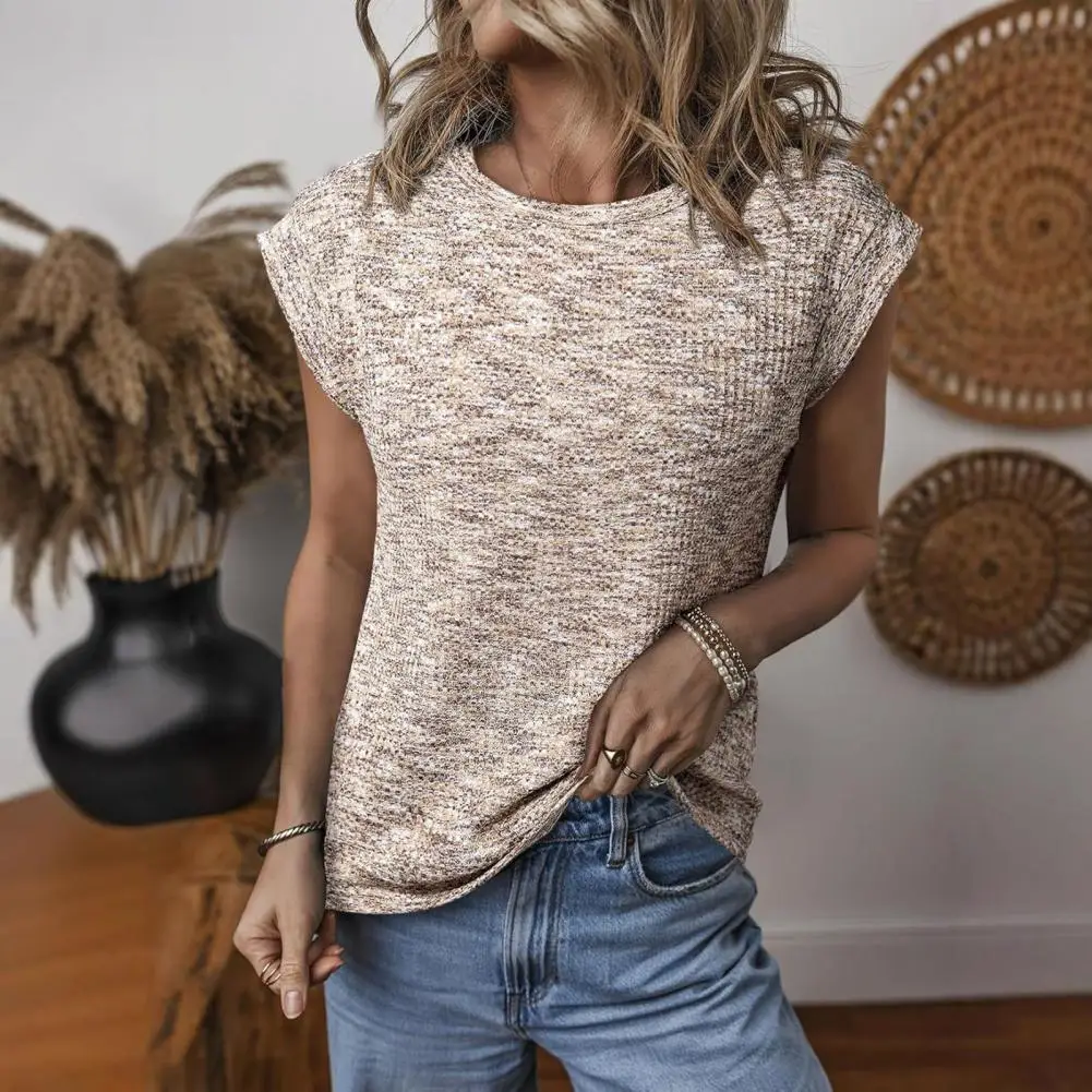 

Short Sleeve Women Tee Women Blouse Round Neck Short Sleeves Waffle Texture T-shirt Pure Color Knitted Shirt Casual T-shirt
