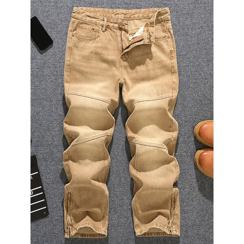 Retro kaki jeans heren losse rechte pijpen trendy straat high-end herenkleding modieuze broek met wijde pijpen