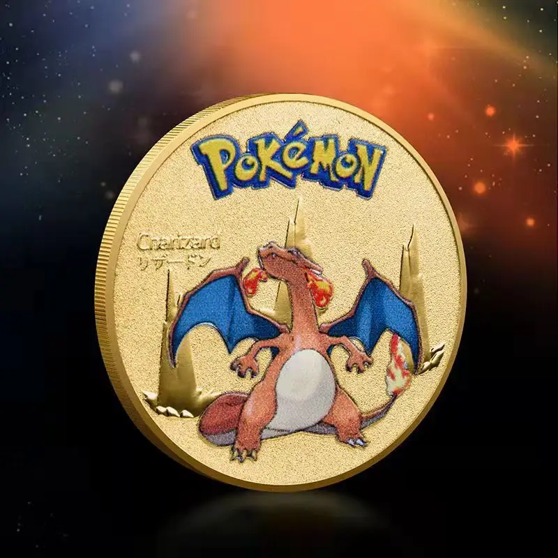 Gold Pokemon Coins Metal Mewtwo Coins Anime Commemorative Coin Charizard Pikachu Golden Pokemon Cards Round Metal Coin Toys