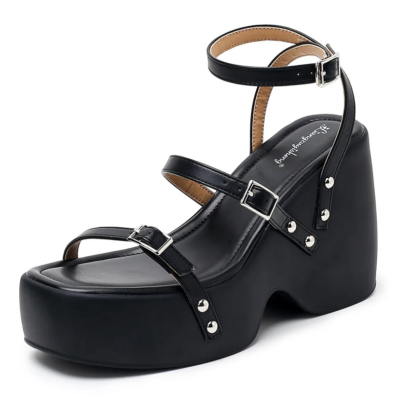 

10cm Narrow Band Platform Women Black Silvery Punk Style Sandals Casual Shoes 7cm Summers Party Dress Wedges Heel Sandalias
