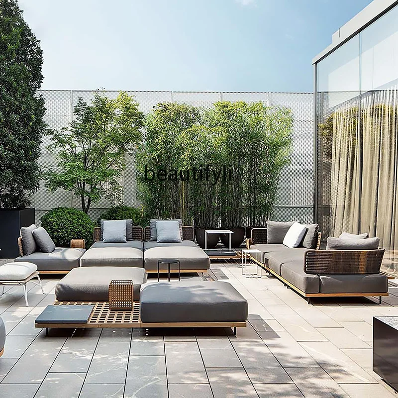 

Outdoor Sofa Villa Courtyard Coffee Table Furniture Open-air Garden Homestay Hotel Nordic Leisure Teak Sofa Set