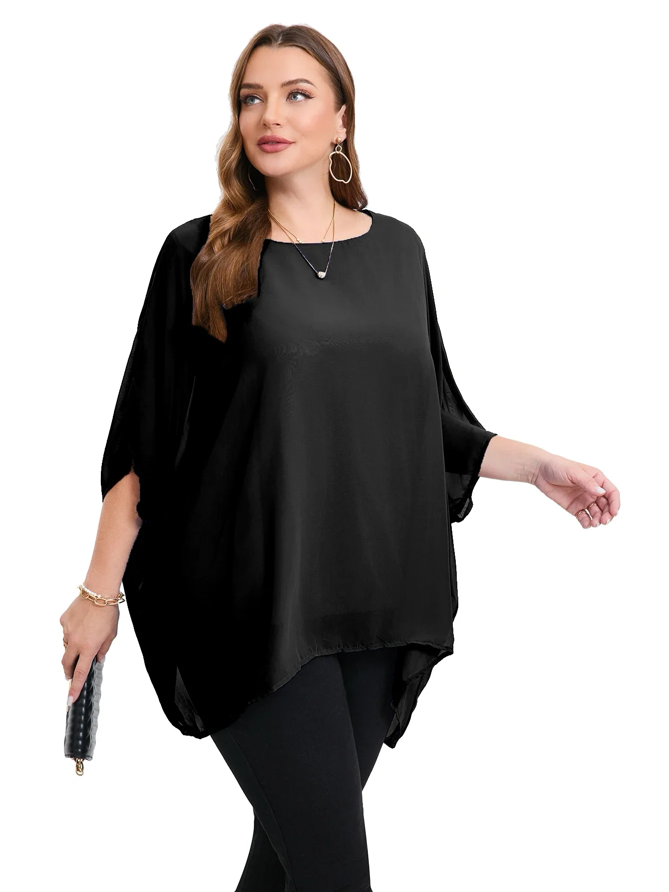 Womens Plus Size Elegant Summer Blouse Batwing Sleeve Oversized Chiffon Blouse Scoop Neck Large Size Casual Tunic Top Shirt 4XL