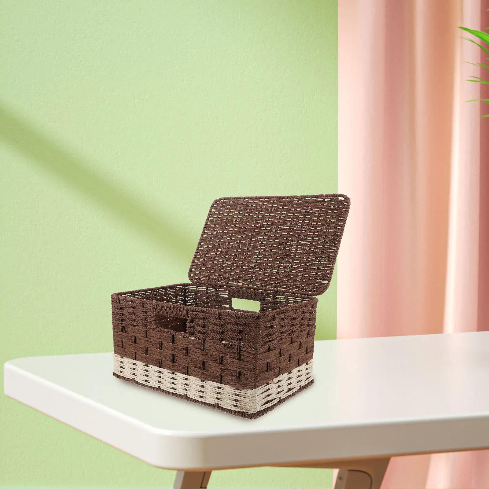 Woven Storage Box with Lid Minimalist Design Large Capacity Desktop Sundries Holder Decorative Storage Bin for Home Office