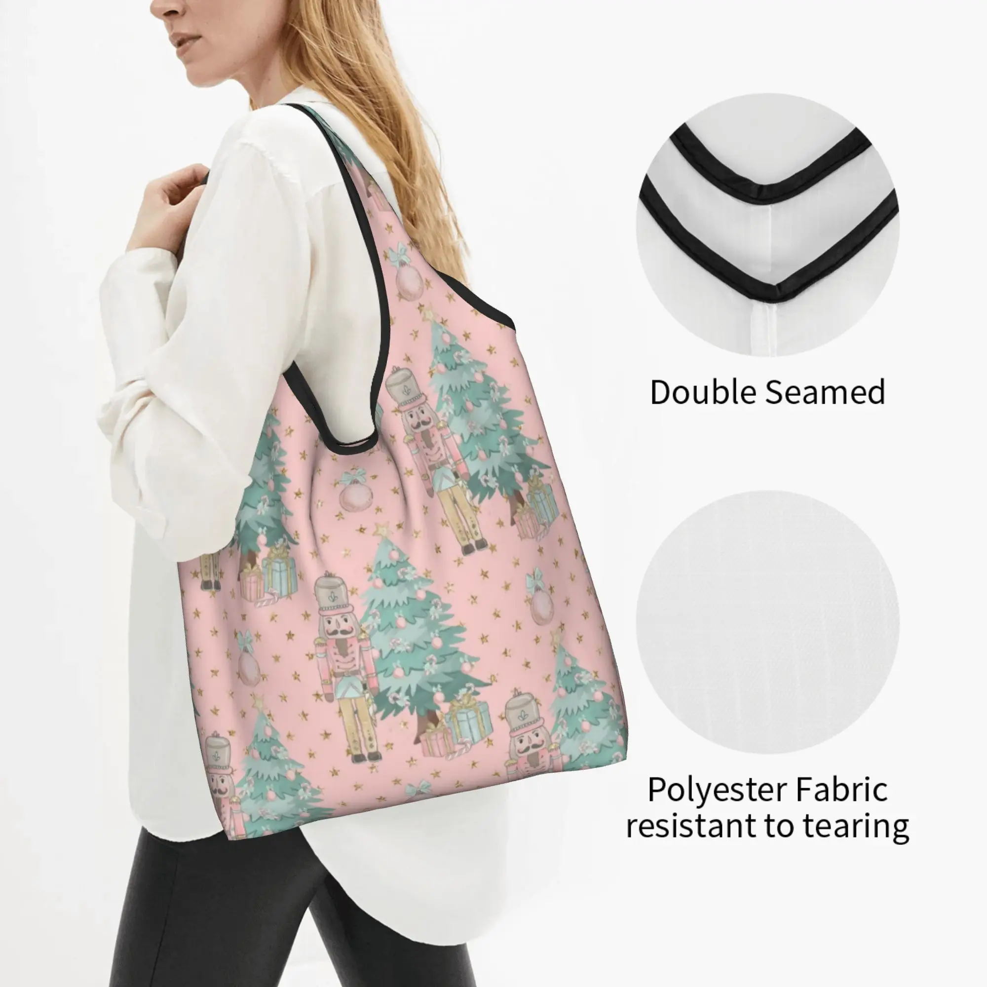 Custom Elegant Nutcracker Next to Tree Pink Pattern Shopping Bags Women Portable Large Capacity Grocery  Tote Shopper Bags