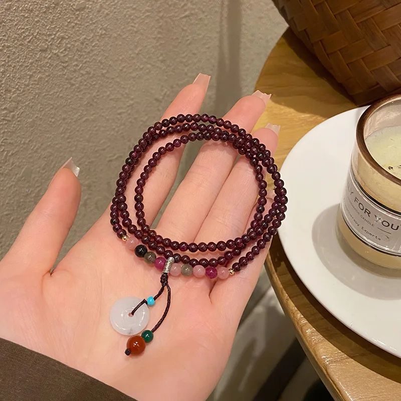 New Chinese National Style Garnet Tourmaline Three Circle Bracelet Light Luxury and Simplicity Temperament Emerald round J