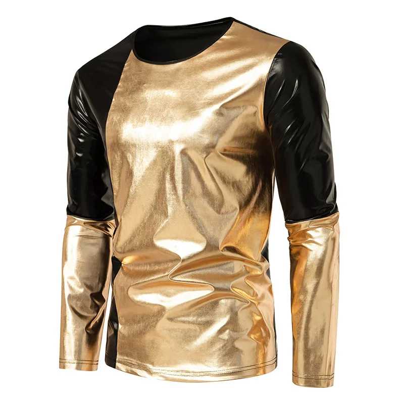 Shiny Gold Metallic Nightclub Show T Shirt Men Hip Hop Streetwear Casual T-shirts Men Slim Fit Long Sleeve Tee Shirt Homme XXL