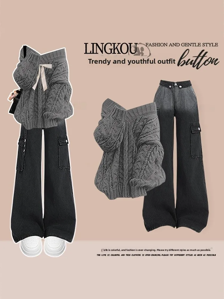 Ele plus Größe Herbst Set Damen Casual Lose Strickpullover Vintage Adient Jeans Zweiteiliges Set Age-Defng Faion