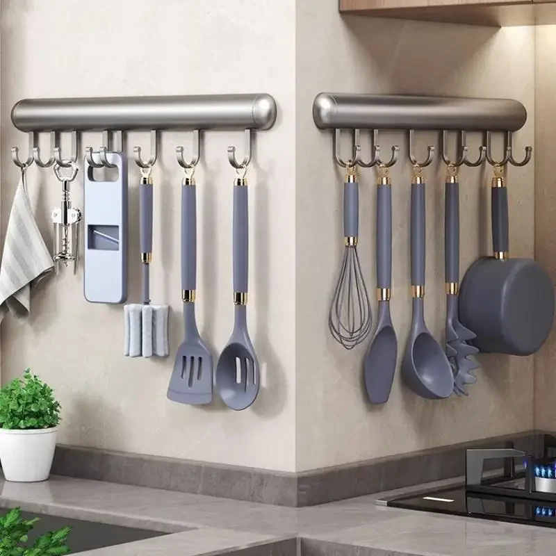 Picture 3: Kitchen Hook Holder Punch-Free Hanging Rod Wall-Mounted Storage Rack Spatula Spoon Hanger Removable Space Aluminum Hook Hangers
