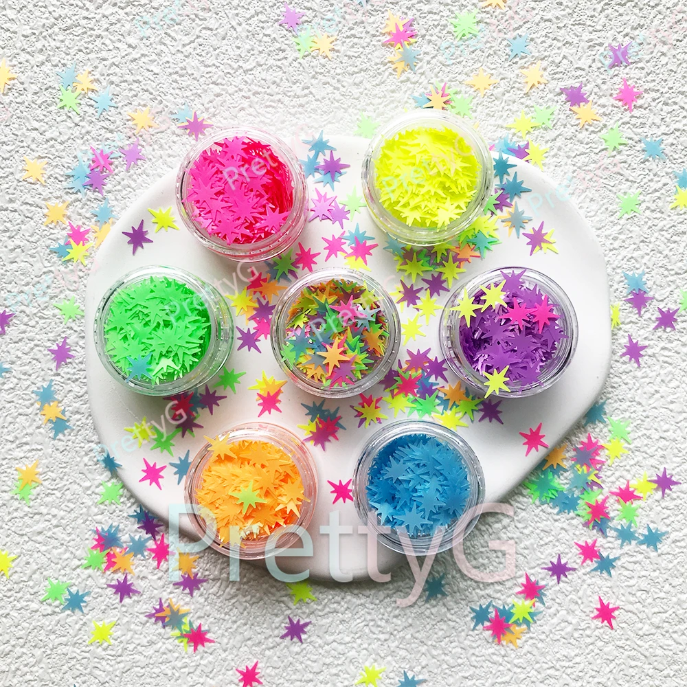 PrettyG 6-Color Set Box Neon Exploding Star Neon Fluorescent Glitter Sequins Cross Shape 8mm Star Luminous Nail Art Decoration