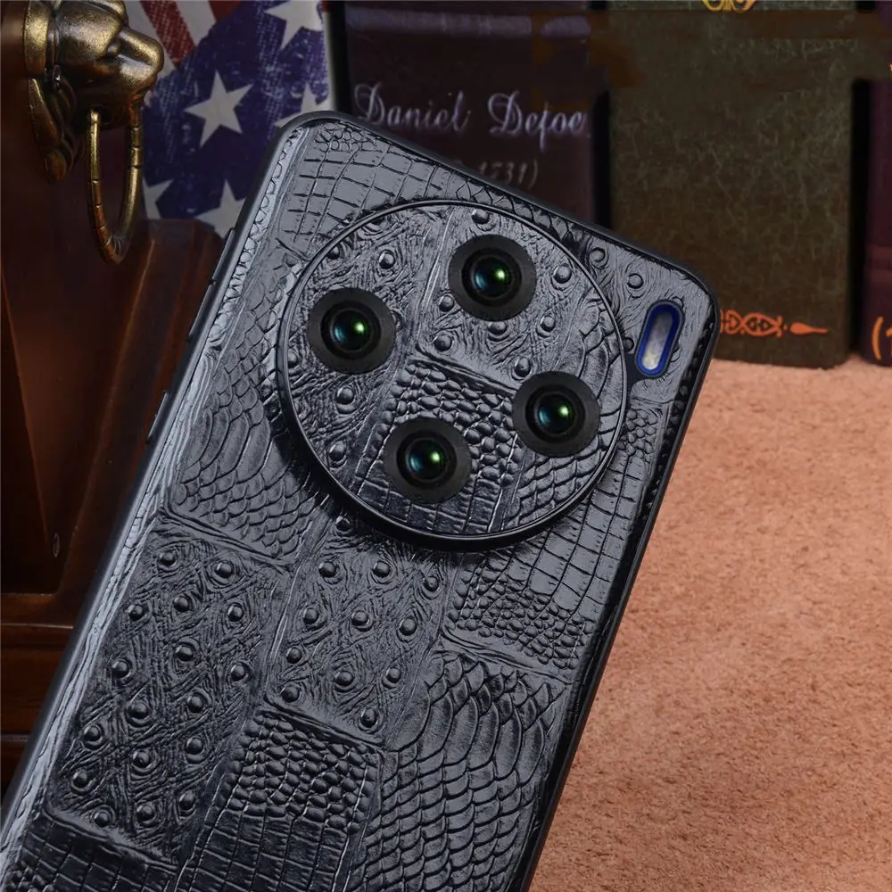 Funda trasera de piel de cocodrilo de piel de vaca Natural de primera calidad para Vivo X200 Ultra X200 Pro X200 cubierta semienvuelta