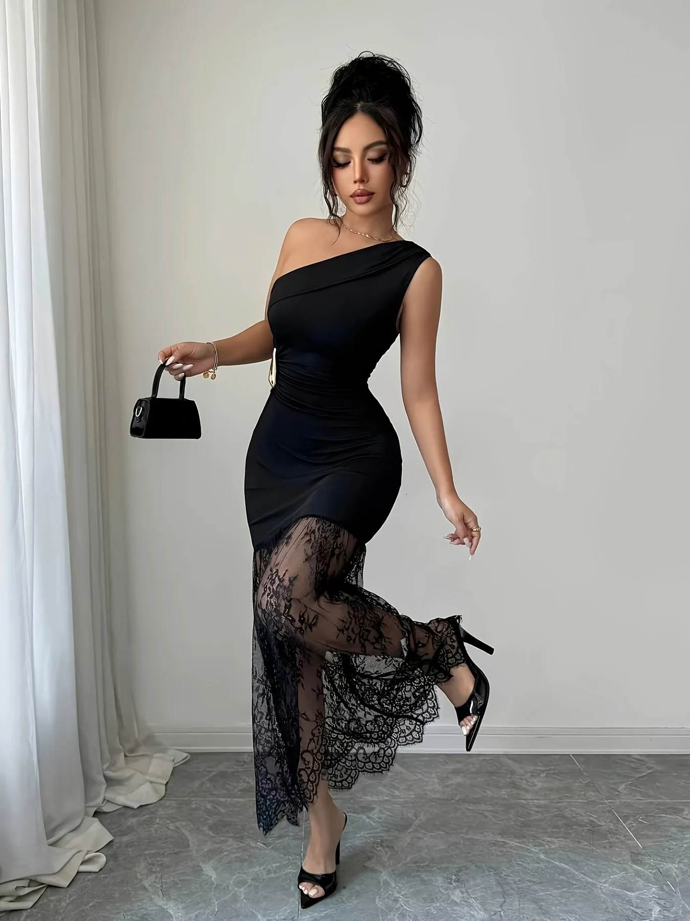 JULISSA MO Patchwork-Spitzenkleid, sexy, schulterfrei, Maxikleid für Damen, schwarz, ärmellos, Abendkleid, Sommer, schmal geschnitten, elegant, Party- und Clubkleid – Detail 3
