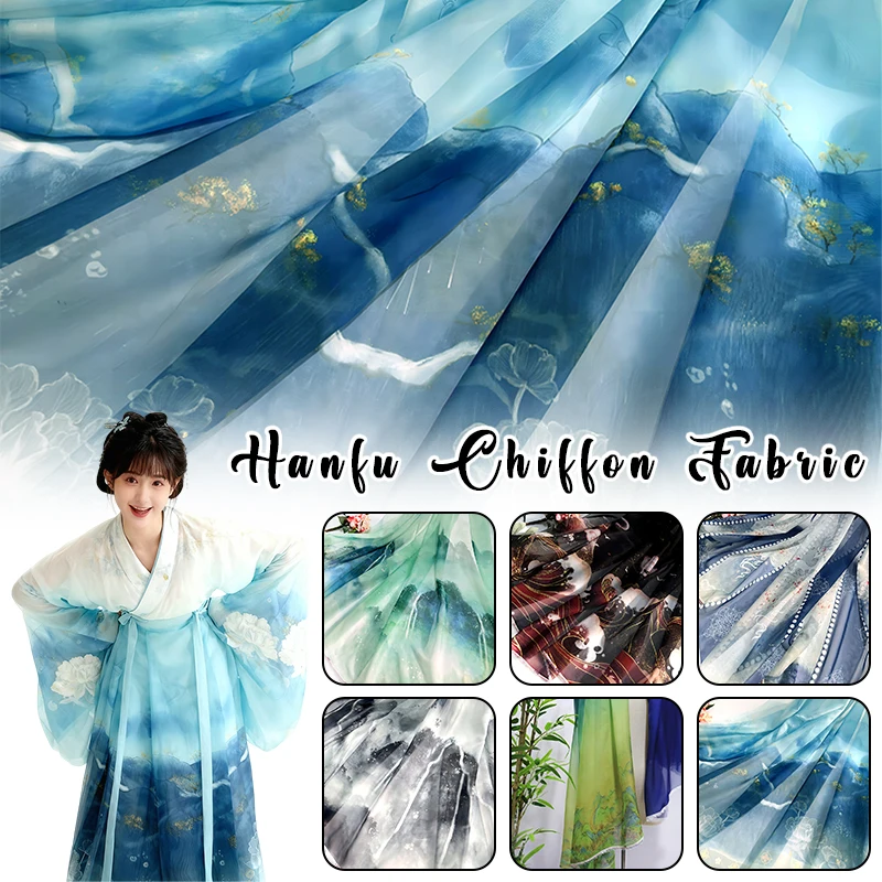 

1m Chinese Landscape Printing Fabric Ancient Style Translucent Cloth for Hanfu Costume Dance Dress DIY Sewing Fabric
