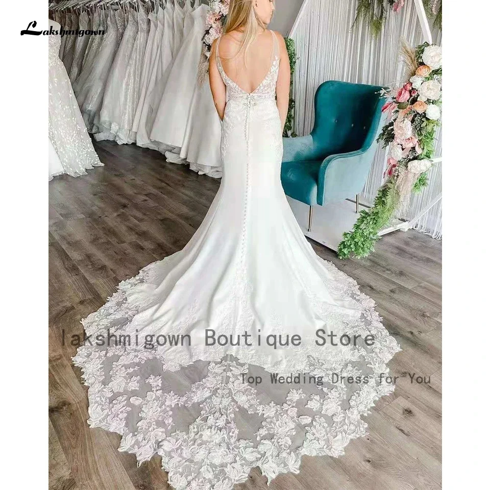 Luxury Lace Mermaid Wedding Dresses Satin 2025 V Neck Civil Bridal Wedding Gowns Cut Out Long Train Vestido Noiva Sereia