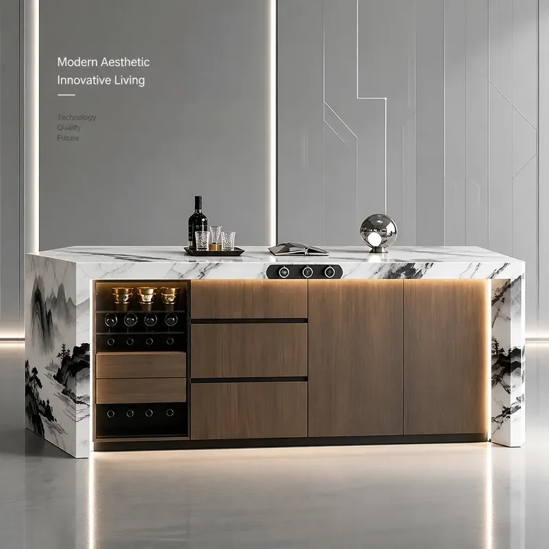 Luxury Kitchen Island Table with Integrated Bar Open Design Western Style Rock Slab Countertop Customizable Guide Table for