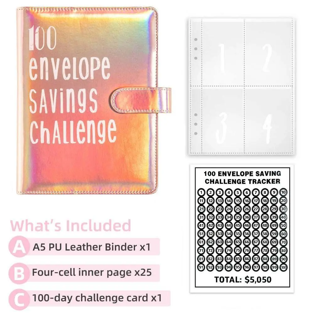 A5 Size Challenge Budget Binder Envelope PU Leather 100Envelopes Challenge Notebook Money Organizer Loose-Leaf Binder