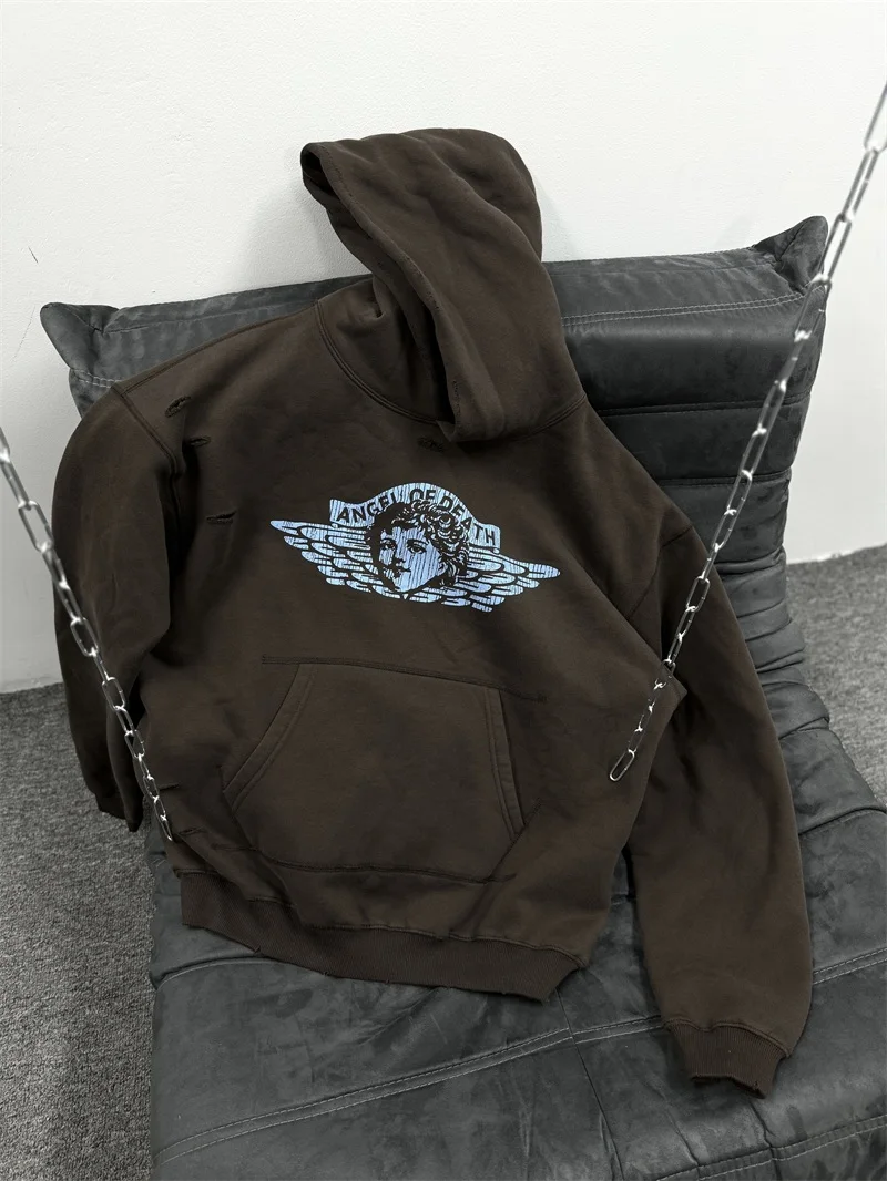 Ange Printing Saint Michael Hoodies Men Women Oversized Pure Cotton Brown Sweatshirt